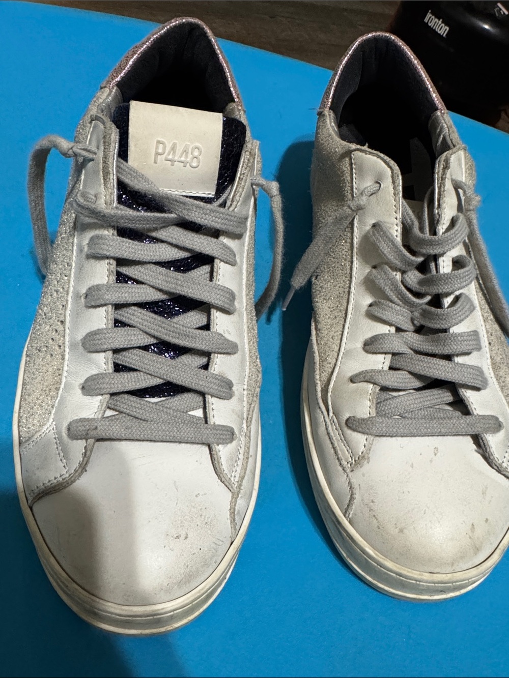 P448 women’s Gray Sneakers with Navy Glitter Tongue